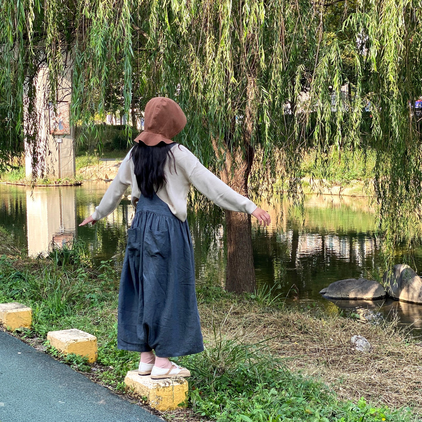 Overall pantskirt, Linen Dress, Blue gray